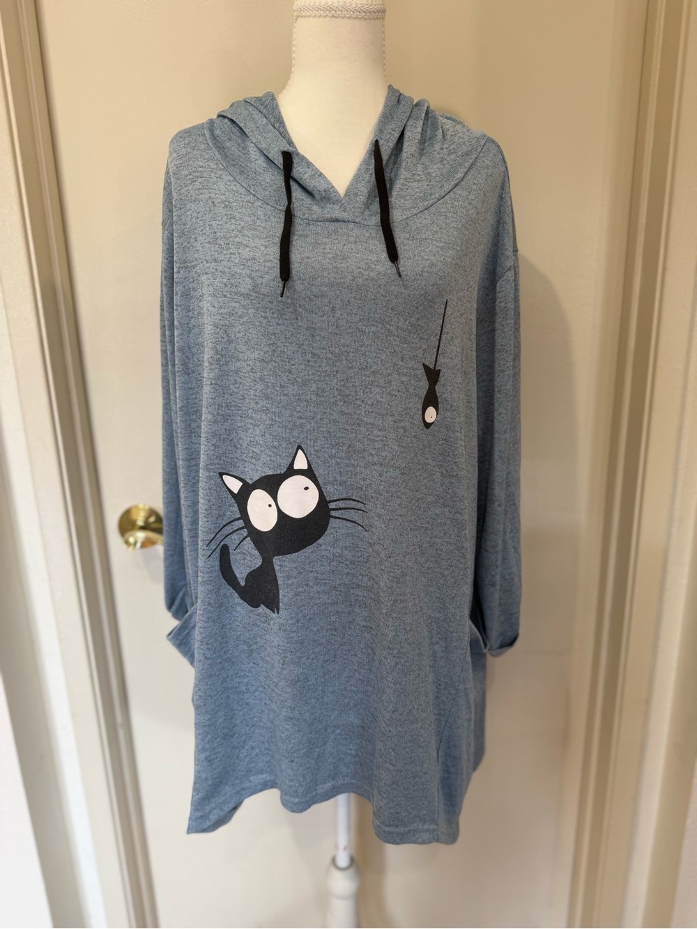 Light Blue Hooded Cat Tunic with Black Graphic